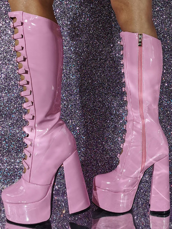 ピンク ニーハイ ブーツ パテント PU アッパー プラットフォーム チャンキー ヒール バックル ディテール セクシー ブーツ