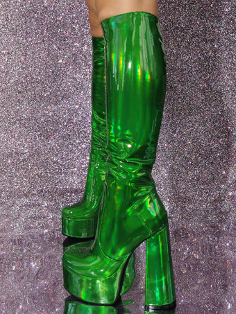 メタリックニーハイブーツ女性パテントPUチャンキーヒールプラットフォームセクシーなブーツ
