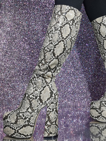 レディース ニーハイブーツ ヘビ柄 プラットフォーム ハイヒール セクシーブーツ