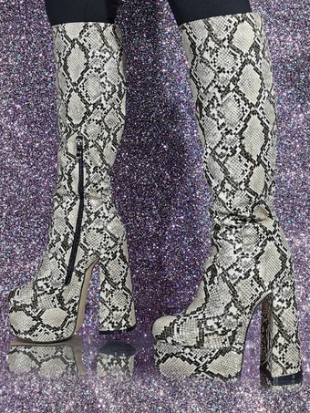 レディース ニーハイブーツ ヘビ柄 プラットフォーム ハイヒール セクシーブーツ