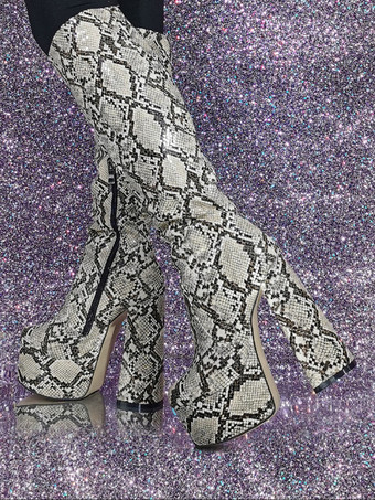 パイソン柄レディース ニーハイブーツ ヘビ柄 プラットフォーム ハイヒール セクシーブーツ