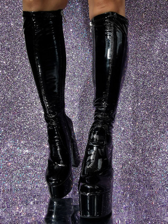 メンズセクシーブーツ レッド プラットフォーム パテントPUアッパー チャンキーヒール ニーハイブーツ