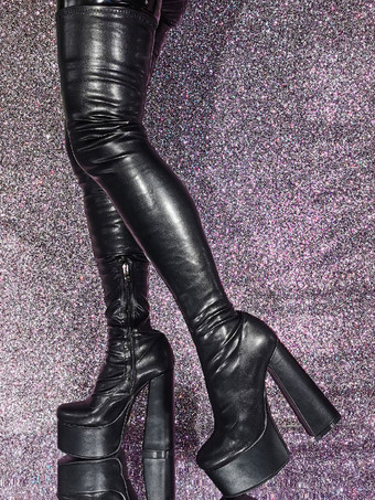 ブラック オーバー ザ ニー ブーツ ラウンドトゥ プラットフォーム ハイヒール セクシー サイハイ ブーツ