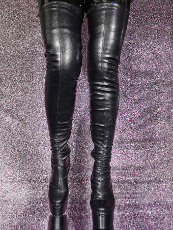 ブラック オーバー ザ ニー ブーツ ラウンドトゥ プラットフォーム ハイヒール セクシー サイハイ ブーツ