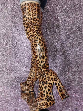 メンズセクシーブーツ サイハイブーツ ヒョウ柄 プラットフォームハイヒール オーバーニーブーツ
