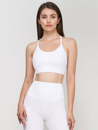 ホワイト ヨガブラ ナイロン アスレチック ノースリーブ ジュエルネック ランニングトップ 女性用