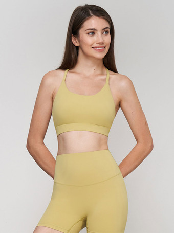 黄緑色ヨガブラ ナイロン アスレチック ノースリーブ ジュエルネック ランニングトップ 女性用