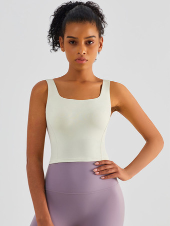 アイボリー ヨガタンクトップ ライクラ ノースリーブ スクエアネック ランニングブラ 女性用