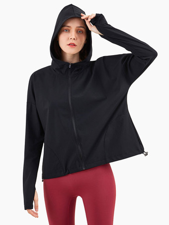 ブラック スポーツ アウター フード付き長袖 日焼け止め アクティブウェア