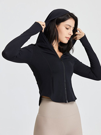 ブラック 女性用ランニング アウター フード付き長袖アクティブウェア