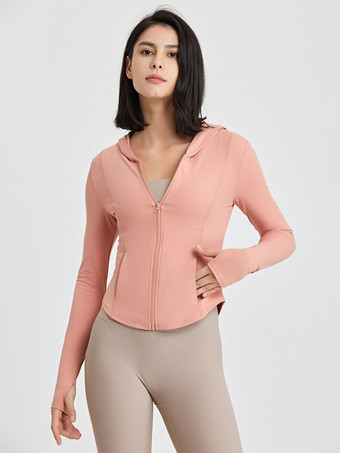 ピンク女性用ランニング アウター フード付き長袖アクティブウェア