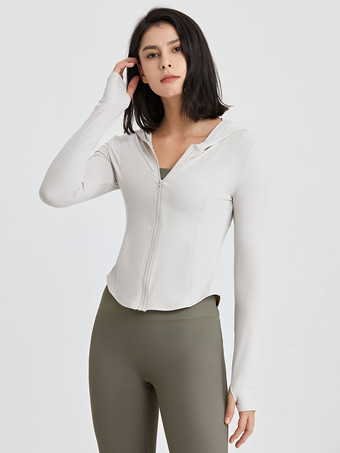ホワイト 女性用ランニング アウター フード付き長袖アクティブウェア