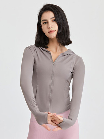グレイ女性用ランニング アウター フード付き長袖アクティブウェア