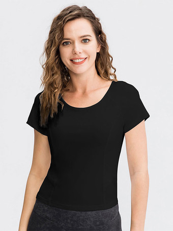 ブラック ヨガトップ ジュエルネック 半袖 速乾性 ランニング アクティブウェア