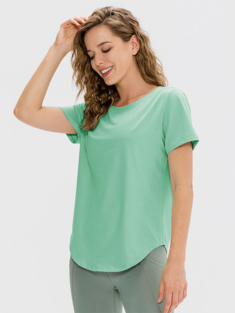 グリーン ヨガトップ ジュエルネック 半袖 速乾 ランニング Tシャツ