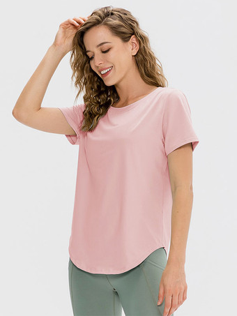 ピンクヨガトップ ジュエルネック 半袖 速乾 ランニング Tシャツ