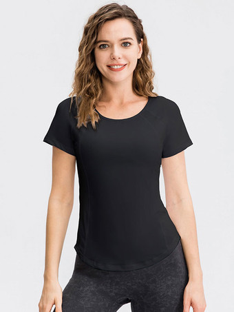 ブラック ランニング Tシャツ ジュエルネック 半袖 ヨガトップ 女性用