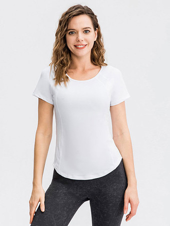 ホワイト ランニング Tシャツ ジュエルネック 半袖 ヨガトップ 女性用