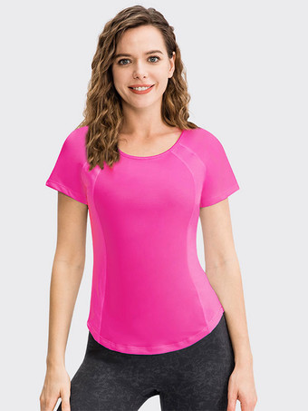 ローズレッドランニング Tシャツ ジュエルネック 半袖 ヨガトップ 女性用