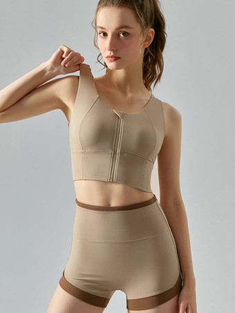 カーキ レディース テニス トップ ジュエル ネック ナイロン ノースリーブ アクティブウェア