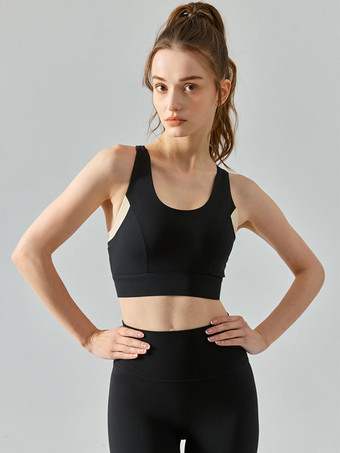 ブラック 女性用テニストップツートーンナイロンジュエルネックヨガブラ