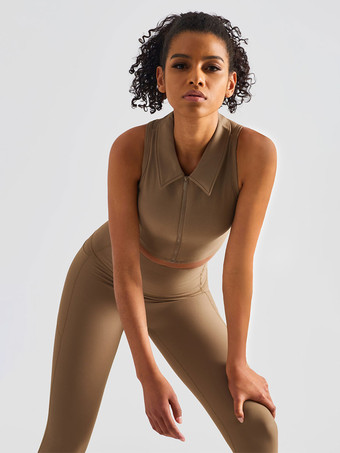 女性用テニストップナイロンノースリーブターンダウンカラーヨガブラ