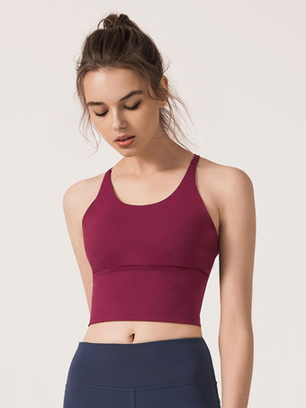 ワインレッド レディース ヨガ ブラ ナイロン アスレチック ノースリーブ ジュエル ネック テニス トップ