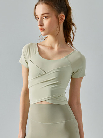 ライトグリーン ヨガトップ半袖ジュエルネック速乾性アクティブウェア女性用