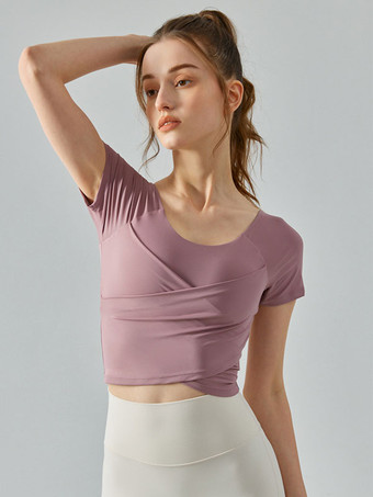 ヨガトップ半袖ジュエルネック速乾性アクティブウェア女性用