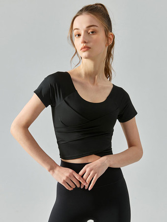 ブラック ヨガトップ半袖ジュエルネック速乾性アクティブウェア女性用