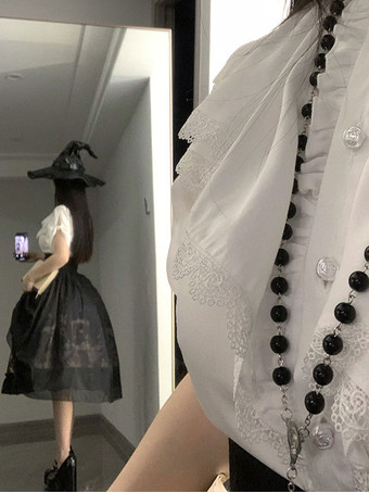 ロココ風ロリータブラウス ロリータトップス フリル半袖ブラウス ホワイトロリータシャツ