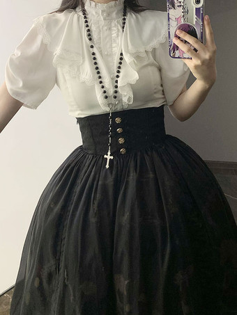 ロココ風ロリータブラウス ロリータトップス フリル半袖ブラウス ホワイトロリータシャツ