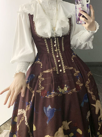 ロリータブラウスフリルロココ風長袖ブラウスロリータトップスロリータシャツホワイト