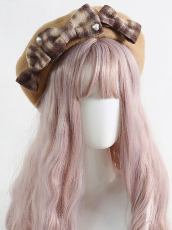 ライトブラウン甘いロリータ帽子リボンアクセサリーチェック柄ポリエステルピンクロリータアクセサリー