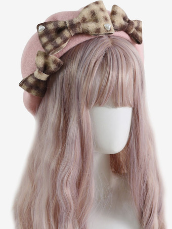 ピンク甘いロリータ帽子リボンアクセサリーチェック柄ポリエステルピンクロリータアクセサリー