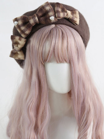 ブラウン 甘いロリータ帽子リボンアクセサリーチェック柄ポリエステルピンクロリータアクセサリー