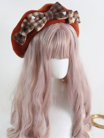 ワインレッド 甘いロリータ帽子リボンアクセサリーチェック柄ポリエステルピンクロリータアクセサリー