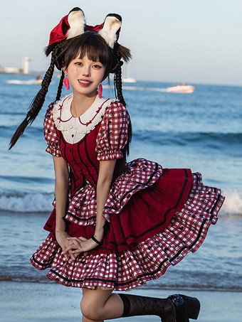 甘いロリータ衣装赤いチェック柄のリボンフリル半袖トップスカート