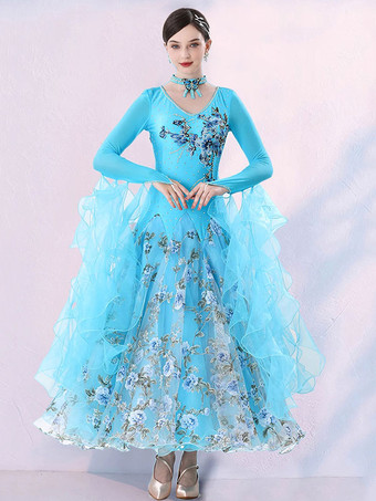 ライトスカイブルー女性用社交競技ドレス モダンパフォーマンスコスチューム ハンドメイドタンゴダンスドレス フォックストロット フラメンコダンス衣装