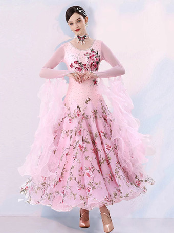 ピンク女性用社交競技ドレス モダンパフォーマンスコスチューム ハンドメイドタンゴダンスドレス フォックストロット フラメンコダンス衣装