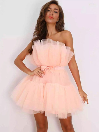 Tulle Mini Dresses Strapless Pleated Sleeveless Backless Bows Layered Dress