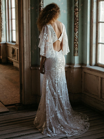 アイボリーボヘミアンウェディングドレスレースマーメイドスイープウエストバックレス半袖 V ネックブライダルドレス無料カスタマイズ