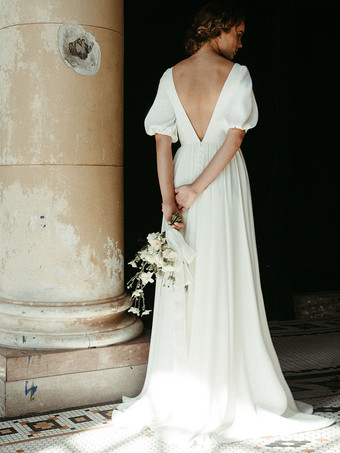 シンプルなウェディングドレスストレッチクレープジュエルネック半袖Aラインブライダルドレス無料カスタマイズ