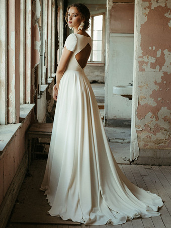 シンプルなウェディングドレス A ライン ジュエル ネック 半袖 ブライダル ドレス無料カスタマイズ