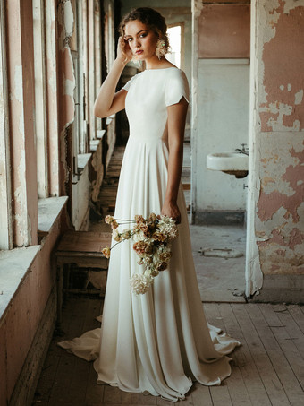 シンプルなウェディングドレス A ライン ジュエル ネック 半袖 ブライダル ドレス無料カスタマイズ