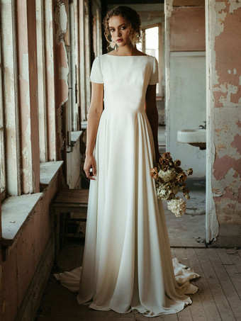 Schlichtes Brautkleid Brautkleider Vintage Elastic Crepe A-Linie- elfenbeinfarbe Standesamtkleid