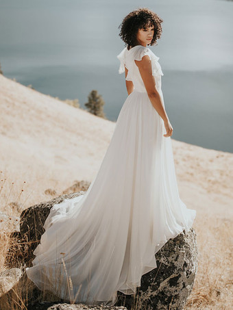 シンプルなウェディングドレス シフォン Vネック 半袖 Aライン ブライダルドレス 無料カスタマイズ