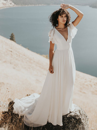 アイボリーシンプルなウェディングドレス シフォン Vネック 半袖 Aライン ブライダルドレス 無料カスタマイズ