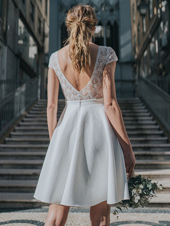 ショートウェディングドレス スクエアネック 半袖 Aライン 膝丈 ブライダルドレス