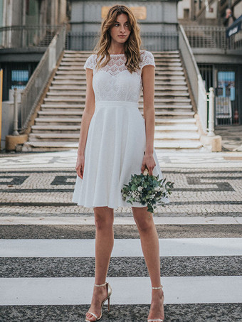 ショートウェディングドレス スクエアネック 半袖 Aライン 膝丈 ブライダルドレス